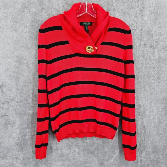 Ralph Lauren LRL Sweater S Red Black Stripe Metallic Gold Toggle Closure Cotton - Picture 1 of 11